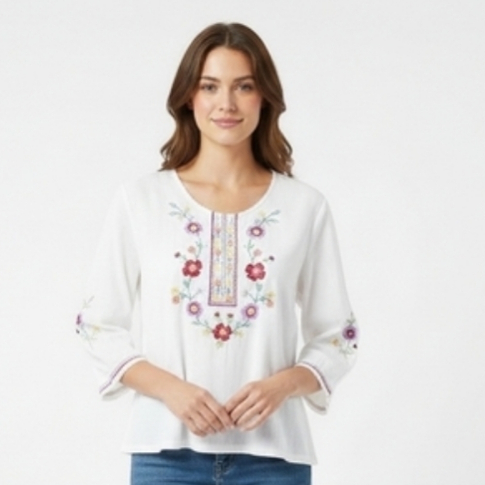 Spiegel Embroidered Floral Tunic Top White Cotton Boho Size Small